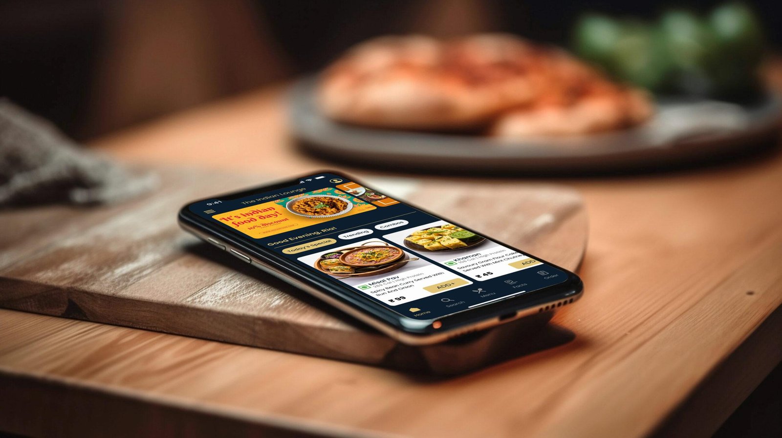 Aroma app open on a phone resting on a wooden board, with Indian food behind